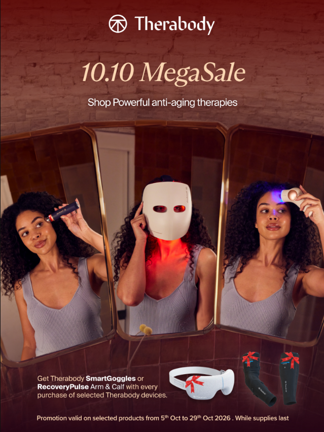 The 10.10 MegaSale, anti-aging edition: TheraFace devices with a free SmartGoggles or RecoveryPulse Arm and Calf.
