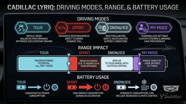 Do the Driving Modes in Cadillac Lyriq Offer Different Ranges or Battery Usages